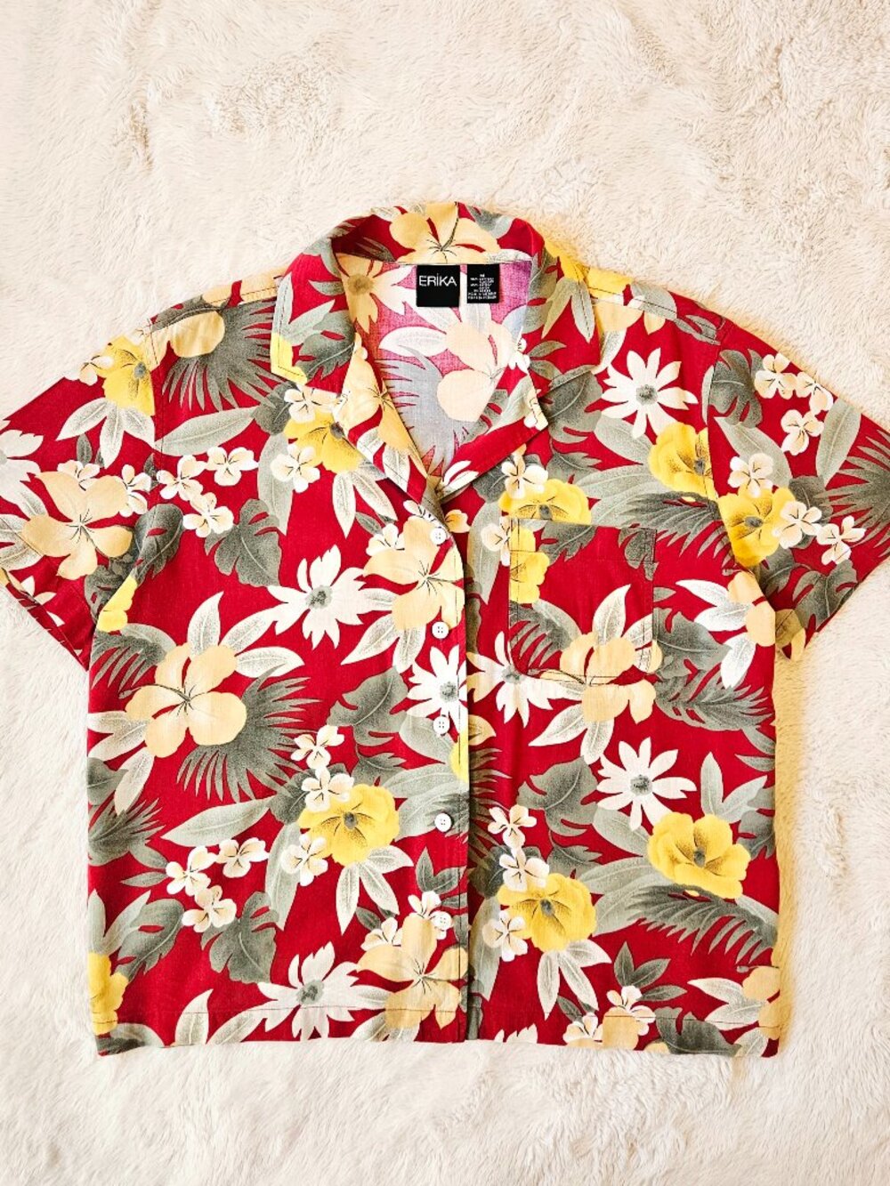 Erika VTG Women's Floral Hawaiian Camp Shirt Short Sleeve Button Up Size M